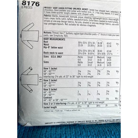 Simplicity 8176 Sewing pattern Blazer oversized lapel size M 14-16 - Picture 4 of 5